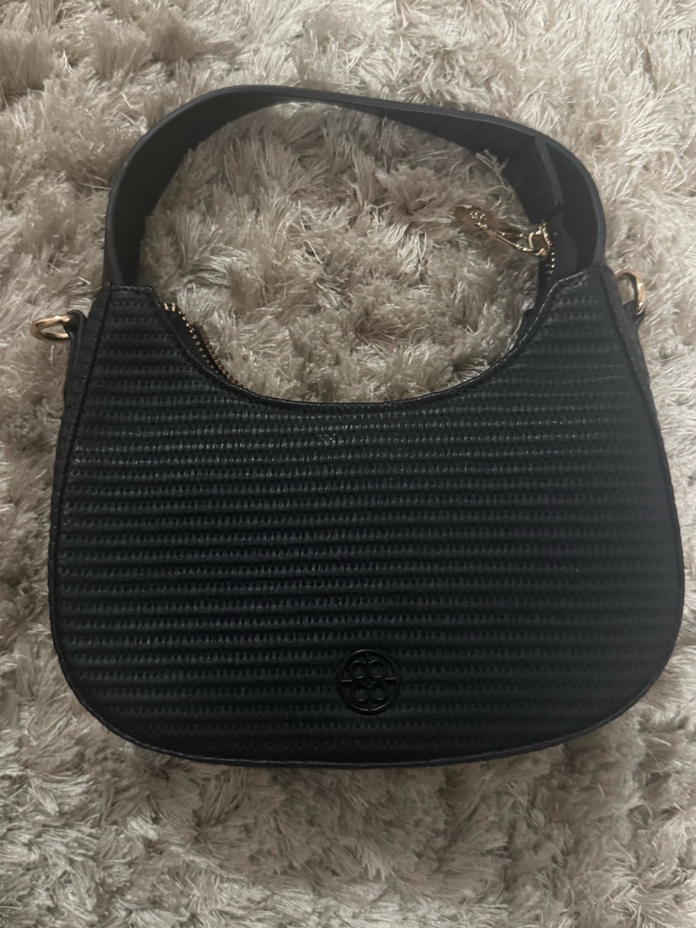 Tory Burch Black Woven-Textured Shoulder Bag with Gold Hardware